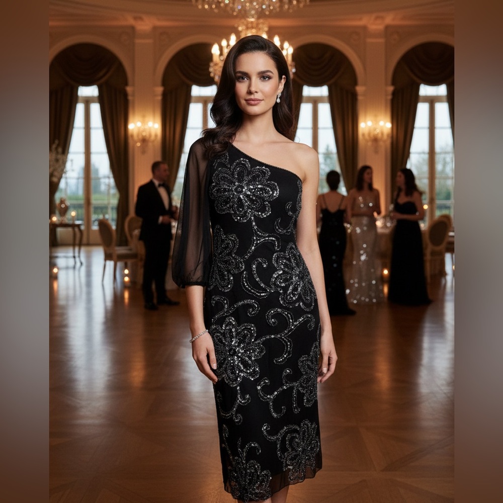 Elegant Black One-Shoulder midi Evening Dress hand beaded attitude by Debra